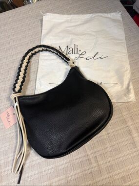 Mali + Lili Black Leather Shoulder Bag with Braided Contrast Handle